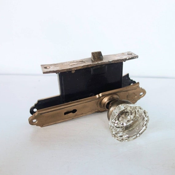 Antique Glass Door Knob Lock Set Back Plates Brass Crystal Etsy