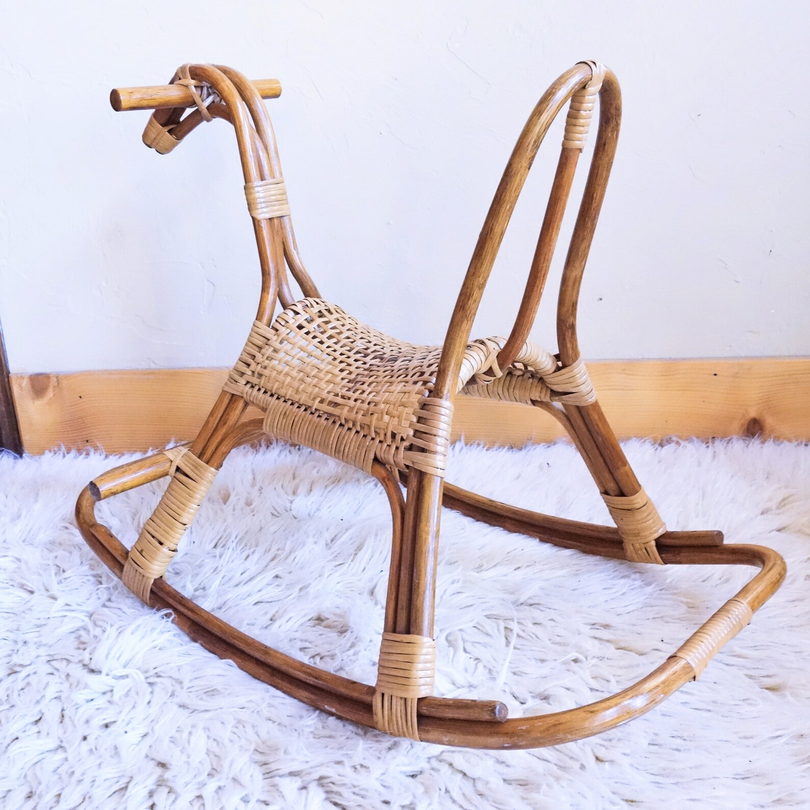 Mid Century Rattan Cane Rocking Horse Vintage Wicker Albini Etsy