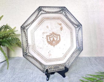 Antique Crested Silver Plate Tray, English Edwardian Pierced Silver Plate Salver, Eliott Family Crest, Holiday Wedding, Gift Idea c1912
