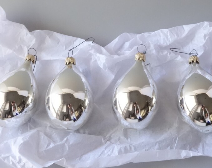 Four Glass Teardrop Christmas Ornaments Silver Vintage Germany Etsy