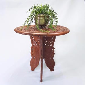 Choice Vintage Moroccan Style Side Table, 15 Inches Carved Wood Folding Plant Stand, Brass Inlay, Boho Bohemian Riser, Photography Prop