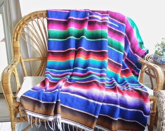 Vintage Saltillo Serape  Blanket, Bright Colorful Mexican, Beach Picnic Yoga Blanket, Retro Southwestern Rug, Boho Falsa