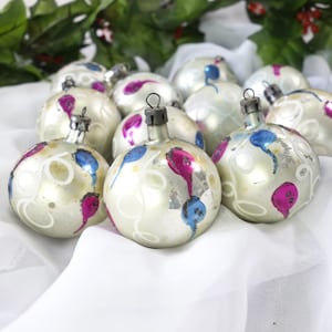 Vintage Mercury Glass Christmas Ornament, Hand Blown Hand Painted Polish, Set of 11, Holiday Decor, c1950