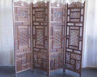 Vintage Anglo Indian Style Double Sided Inlaid 4 Panel Room Screen, Folding Room Divider, Partition Headboard