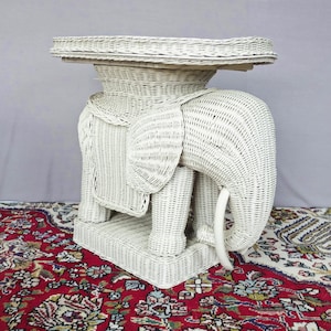 Vintage Wicker Elephant Side Table with Tray, White Woven Plant Stand, Boho Nursery Decor, End Table Porch Patio 1970's, Mother's Day Gift