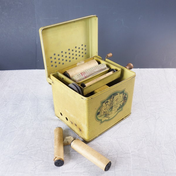Vintage Tin Litho Hand Crank Melody Player with Music Rolls, J.R. Chein Roller Organ, Toy Crank Music Box