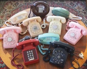 Your Choice Vintage Telephone, Rotary Landline Desk Phone, Wall Phone, Pink Trimline, Beige Red Brown, Untested Movie Stage Photography Prop