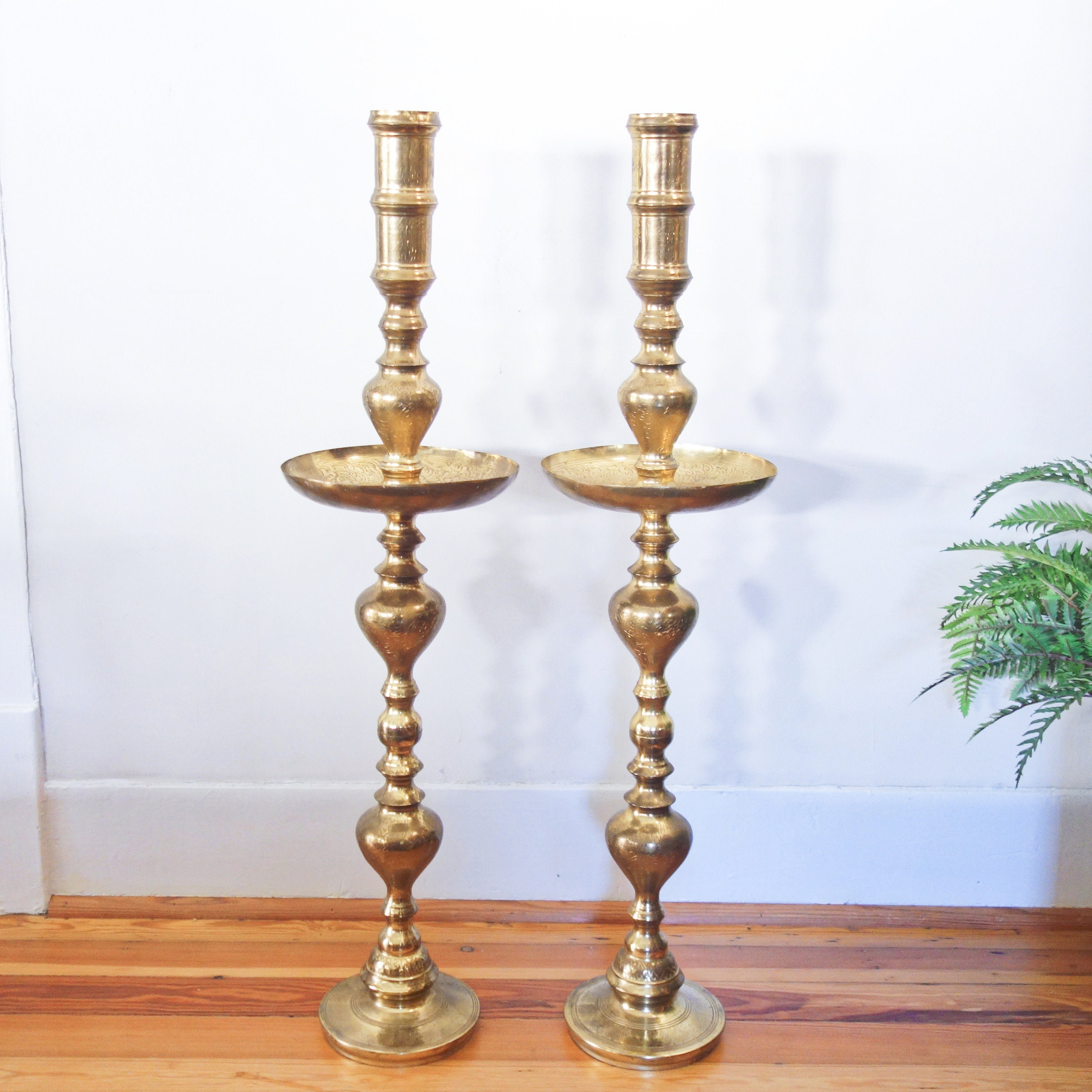 Large Etched Brass Floor Candlesticks Vintage Pair Altar Etsy