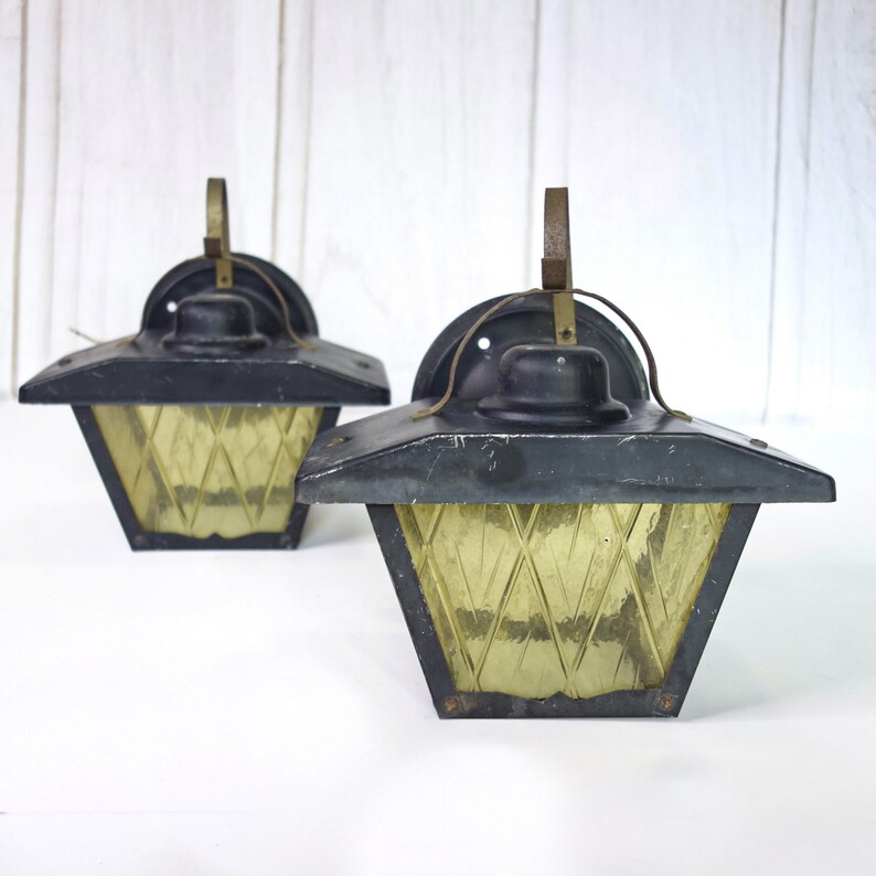 Vintage Pair of Porch Light Fixtures, Lantern Style Wall Mount Sconce Lights, Set of Two, Amber Glass Light Fixture, Salvage House Parts image 1