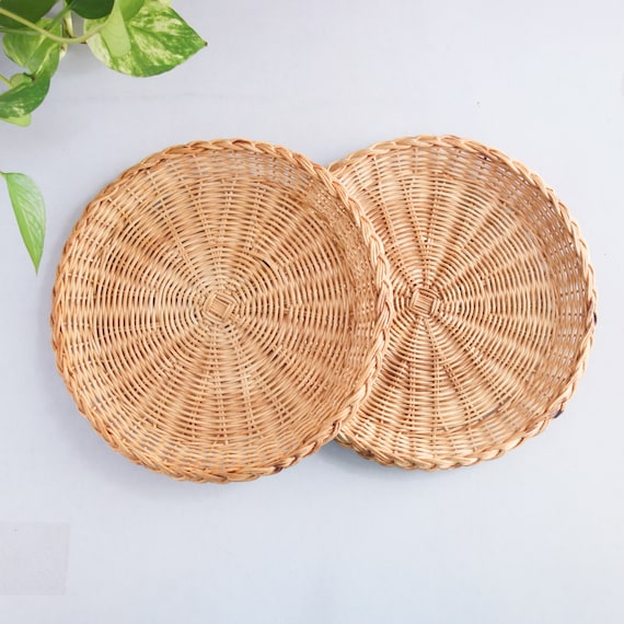 Vintage Wicker Paper Plate Holders, Pair Natural Wicker Picnic Set of 2, Boho Bohemian Wall Decor, Party Supplies