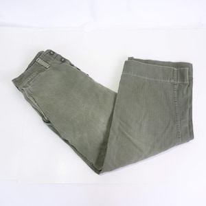 Vintage 1941 HBT Combat Fatigues, Button Fly Military Uniform Trousers, Cotton OD Olive Green Pants, 27 Inch Waist, Collectible