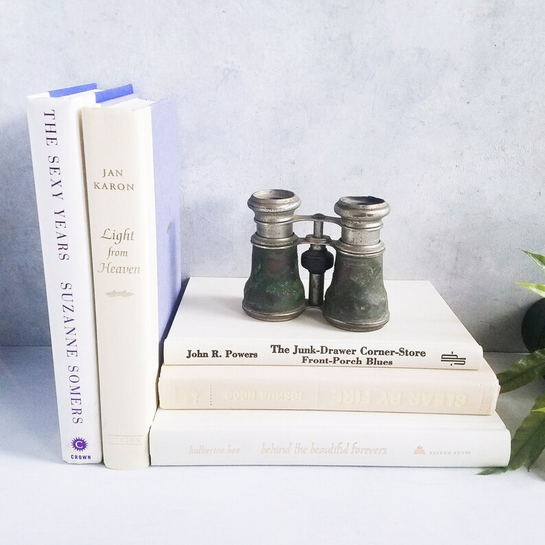 May include: A stack of books with a pair of antique silver binoculars on top. The binoculars have a green patina and are sitting on a white surface. The books have titles including "The Sexy Years" by Suzanne Somers, "Light from Heaven" by Jan Karon, "The Junk-Drawer Corner-Store Front-Porch Blues" by John R. Powers, and "Behind the Beautiful Forevers" by Katherine Boo.