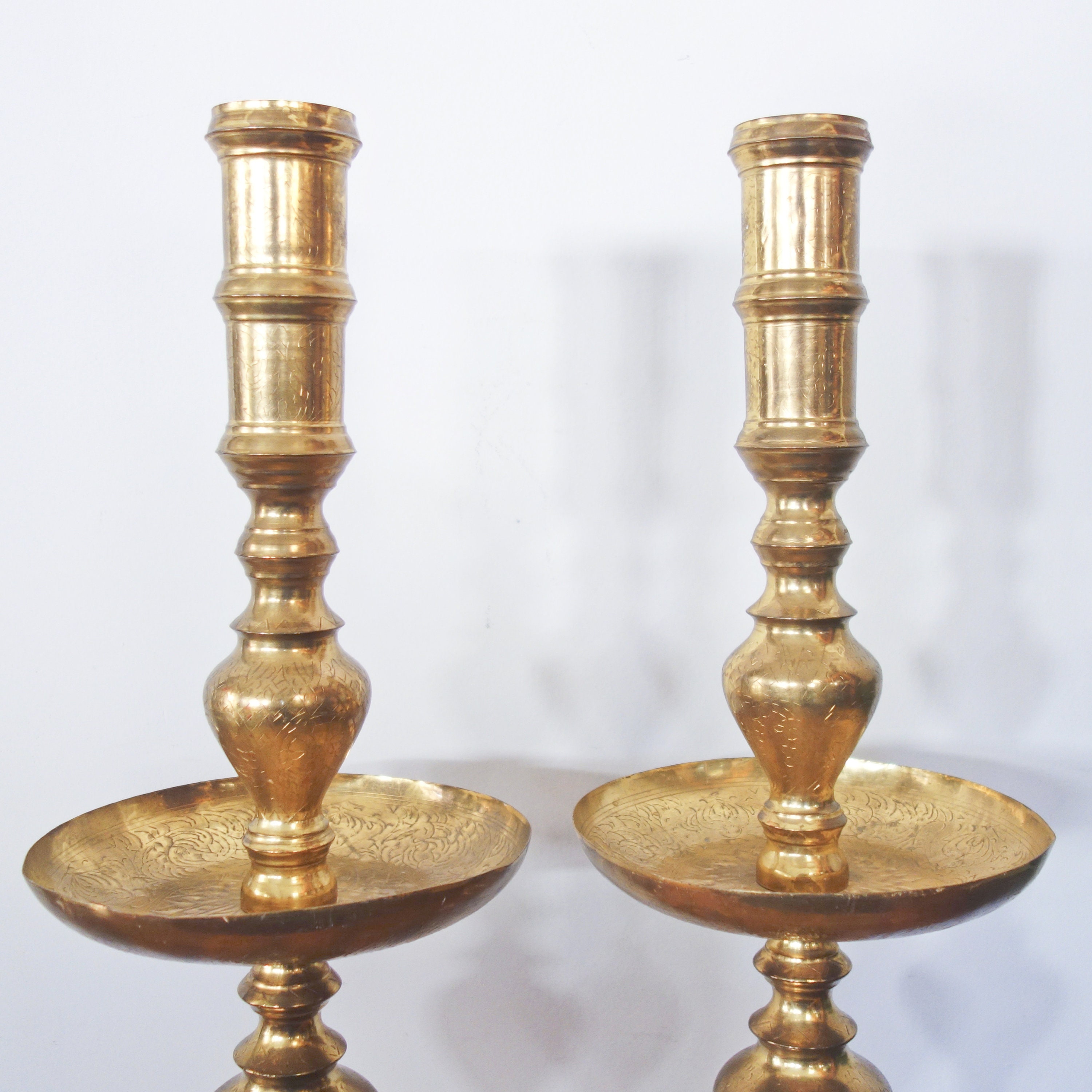 Large Etched Brass Floor Candlesticks Vintage Pair Altar Etsy