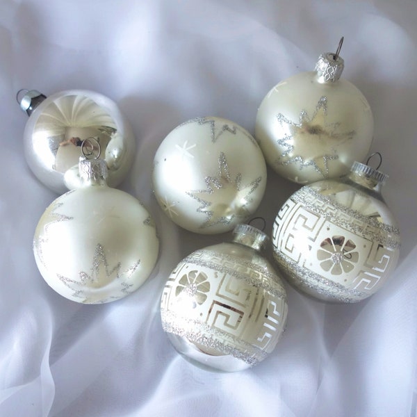 RESVERED White Silver Mica Christmas Ornaments,  Vintage White Satin Frosted Glass, Mixed Set of Six, Holiday Decor