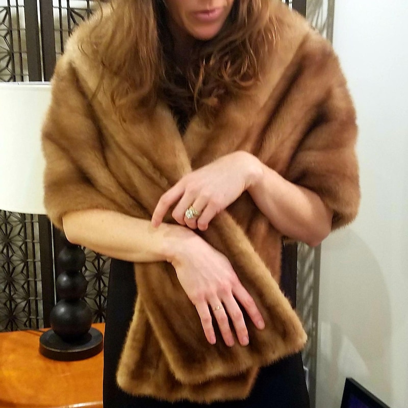 OSFM 1950s Caramel Mink Wrap Winter Stole Shawl Collar Cape Real Fur