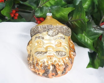 Blown Glass Santa Head Ornament, One Large Vintage Figural German Hand Blown Christmas Decoration, Glass Glitter Gold, Retro Holiday Decor