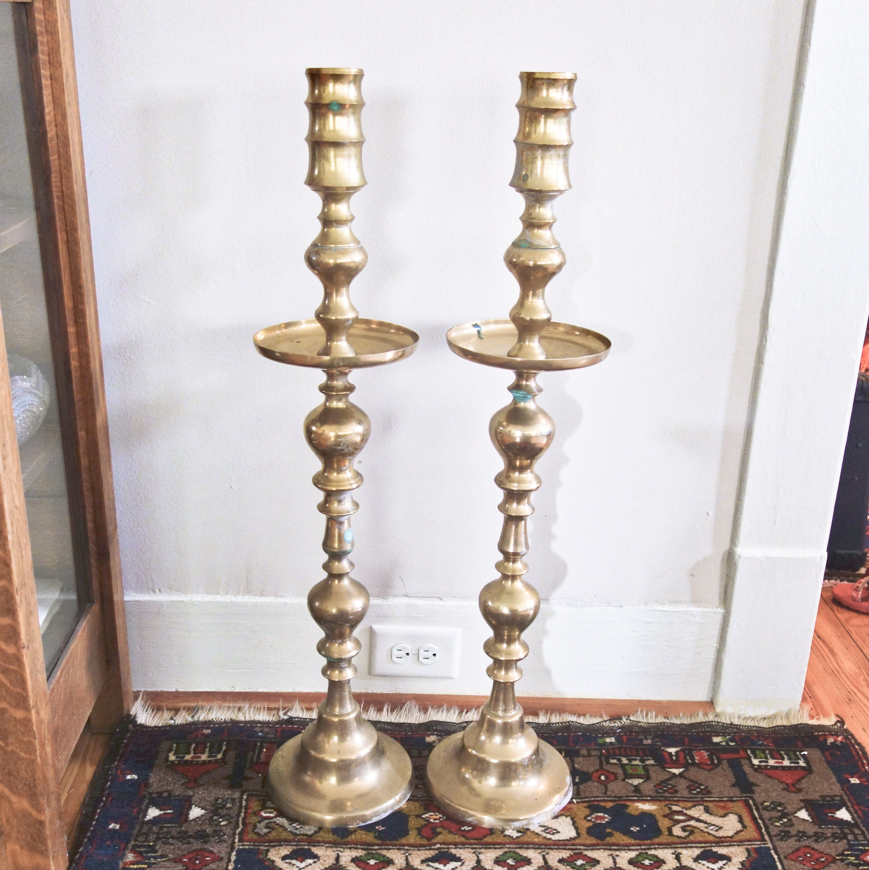 Large Brass Floor Candlesticks Vintage Pair Altar Candle Etsy