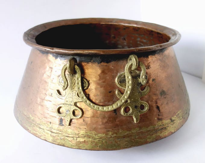 Vintage Large Copper Planter, Copper Pot Brass Handles, Turkish Copper