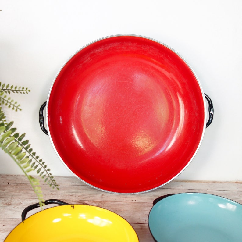 Vintage Enamel Pan Set of 3 Retro Enameled Paella Pan Red Etsy