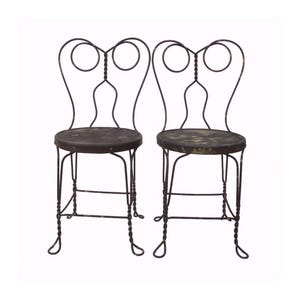 Vintage Pair Ice Cream Parlor Chairs, Bistro Iron Chairs, Dining Porch Patio, Rustic Farmhouse Cottage Style