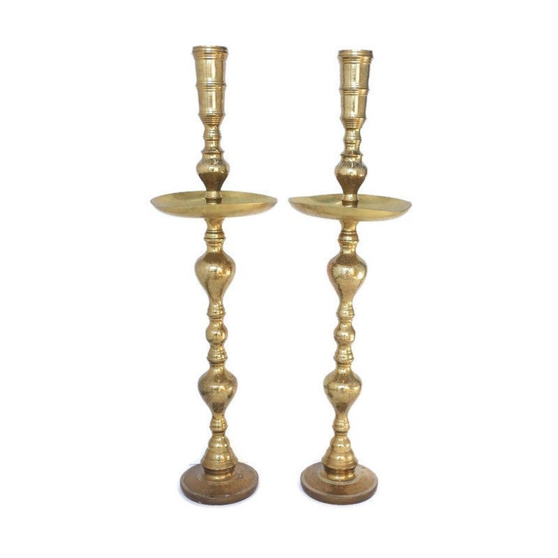 Huge Etched Brass Floor Candlesticks Vintage Pair Altar Etsy