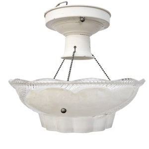 Art Deco Three Chain Light Fixture, Glass Shade, Beaded Chain, Vintage Semi Flush Ceiling Light, Home Renovation Restoration