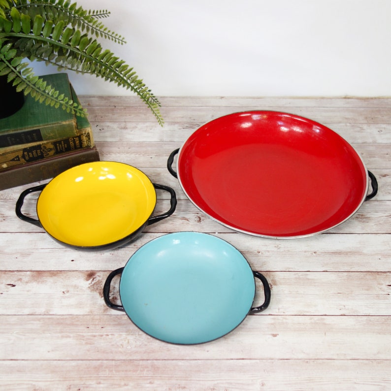 Vintage Enamel Pan Set of 3 Retro Enameled Paella Pan Red Etsy
