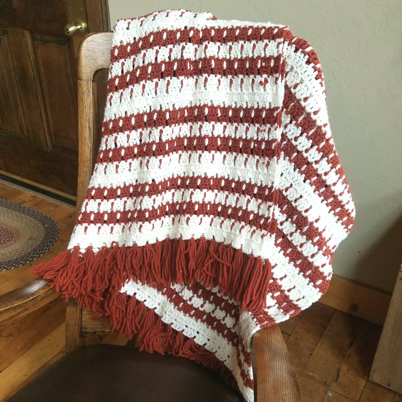 Vintage Crochet Afghan Blanket White and Rust Crocheted Throw Etsy