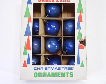 Vintage Santa Land Blue Christmas Tree Ornaments with Original Box, Retro Polish Hand Blown Mercury Glass, Blue Christmas Decorations