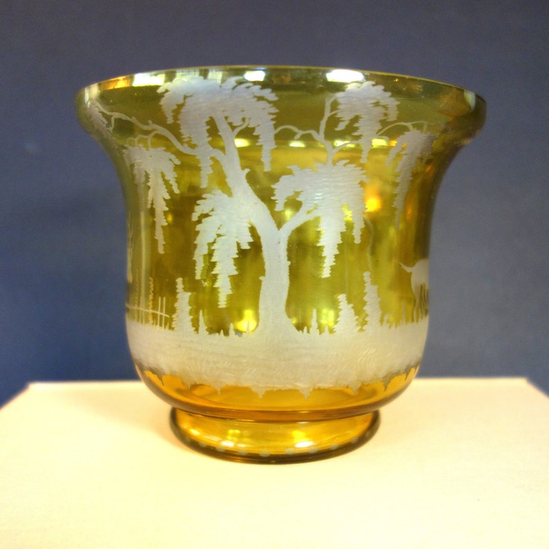 Vintage Etched Bohemian Art Glass Bowl Amber Cut to Clear Etsy