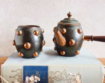Vintage Turkish Coffee Set, Decorative Art Copper, Indian Pot and Cup, Made in Bombay, Boho Eclectic Decor, Mother's Day Gift