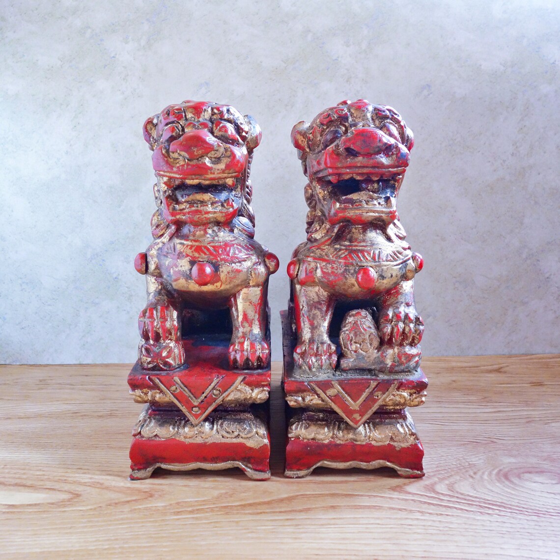 Chinese Carved Foo Dogs Red Gold Gilt Wood Large Fu Lion Etsy