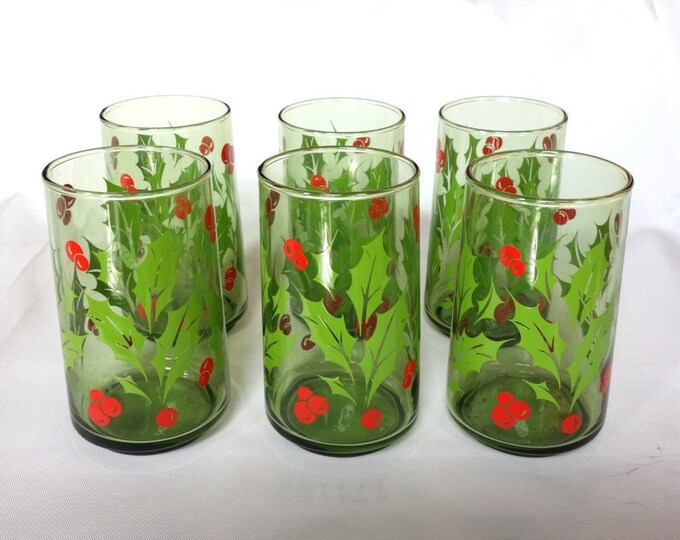 Vintage Christmas Drinking Glasses Set of 6 Retro Green Holly Etsy