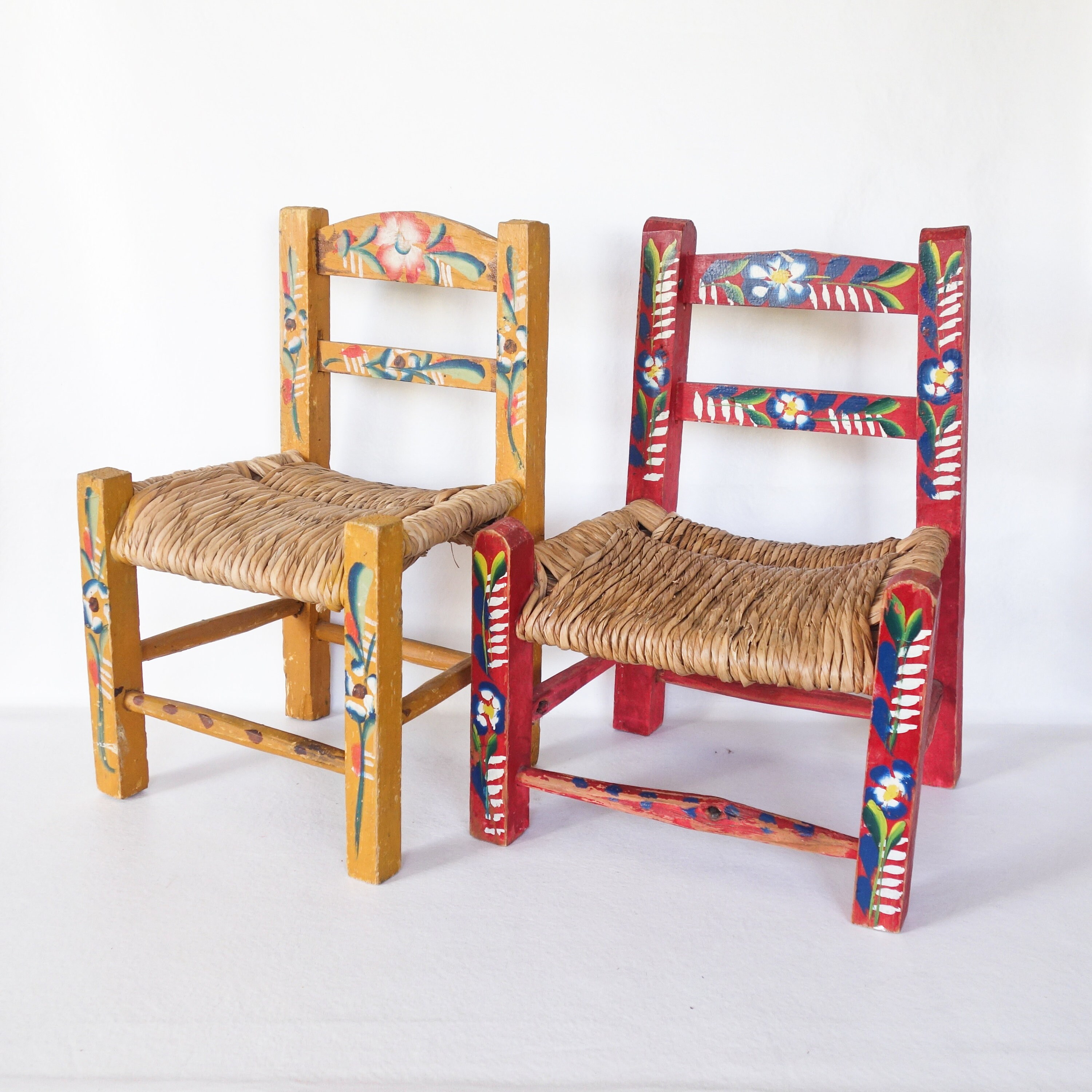 Vintage Mexican Folk Art Child s Chair Children s Red Handpainted Wood Rush Seat Plant Stand Side Table Boho Style Nursery Etsy