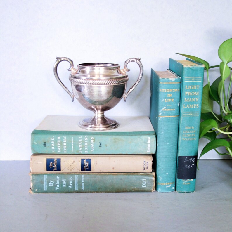May include: A silver, two-handled, footed cup sits on top of a stack of four teal-colored books. The books have titles including "Grandfather Stories", "Samuel Hopkins Adams", "Sinclair Lewis", "By Valour and Arms", "Dial", "Reigning in Life", "Light from Many Lamps", and "308.8 T".