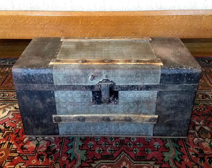 Small Antique Steamer Trunk Treasure Chest Oak Pressed Tin Etsy