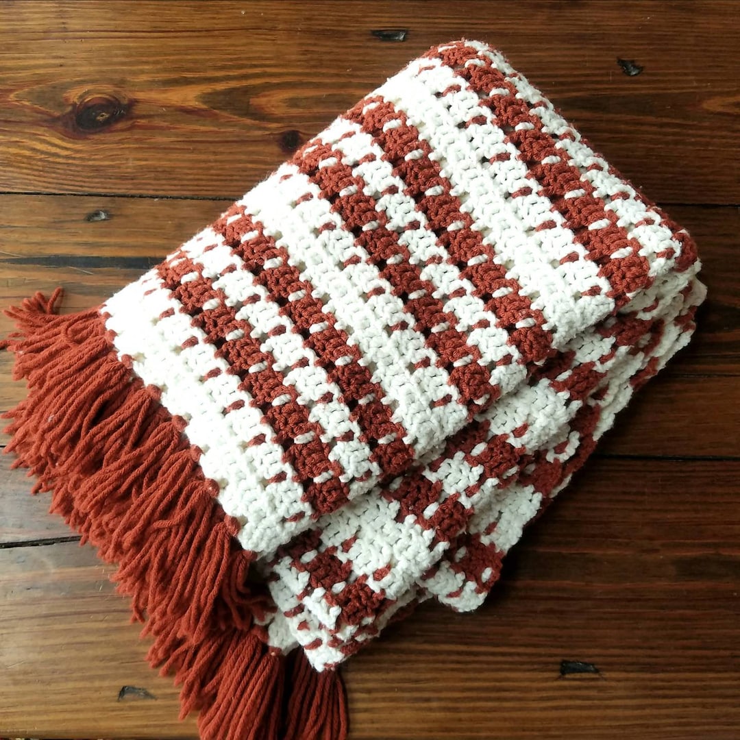 Vintage Afghan Blanket, White and Brown Hand Crocheted Throw Blanket, Crochet Granny Chic