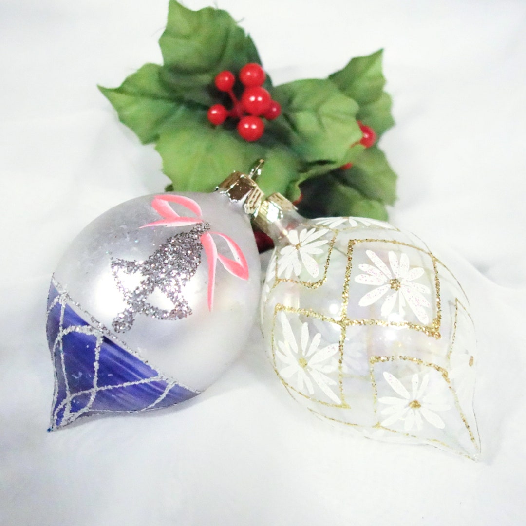 Two Teardrop Glass Christmas Ornaments, Vintage Polish Hand Blown, White Poinsettia, Gold Mica