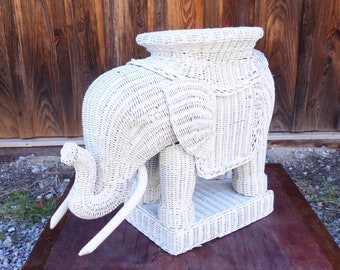 Wicker Elephant Side Table, White Woven Plant Stand, Boho Nursery Decor, End Table Porch Patio 1970's