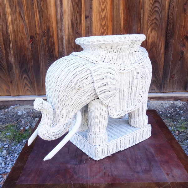 Wicker Elephant Side Table, White Woven Plant Stand, Boho Nursery Decor, End Table Porch Patio 1970's