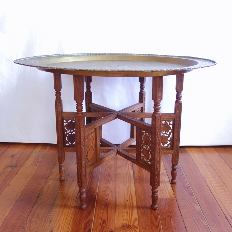 Vintage Brass Tray Table With Folding Wood Base Extra Large Etsy