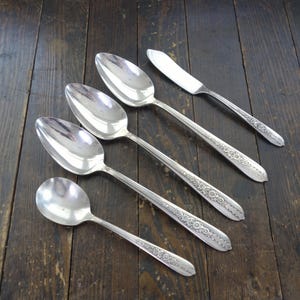 May include: Five pieces of silverware, including a butter knife and four spoons, all with an ornate floral design. The spoons are made of polished silver and have a rounded bowl shape.