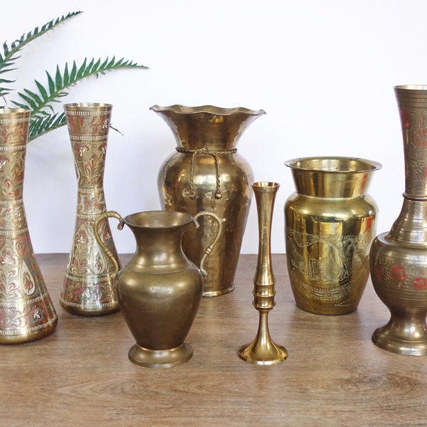 Vintage Brass Vase Choice, Vintage Indian Enamel, Etched Brass Bud Vases, Boho Bohemian Decor