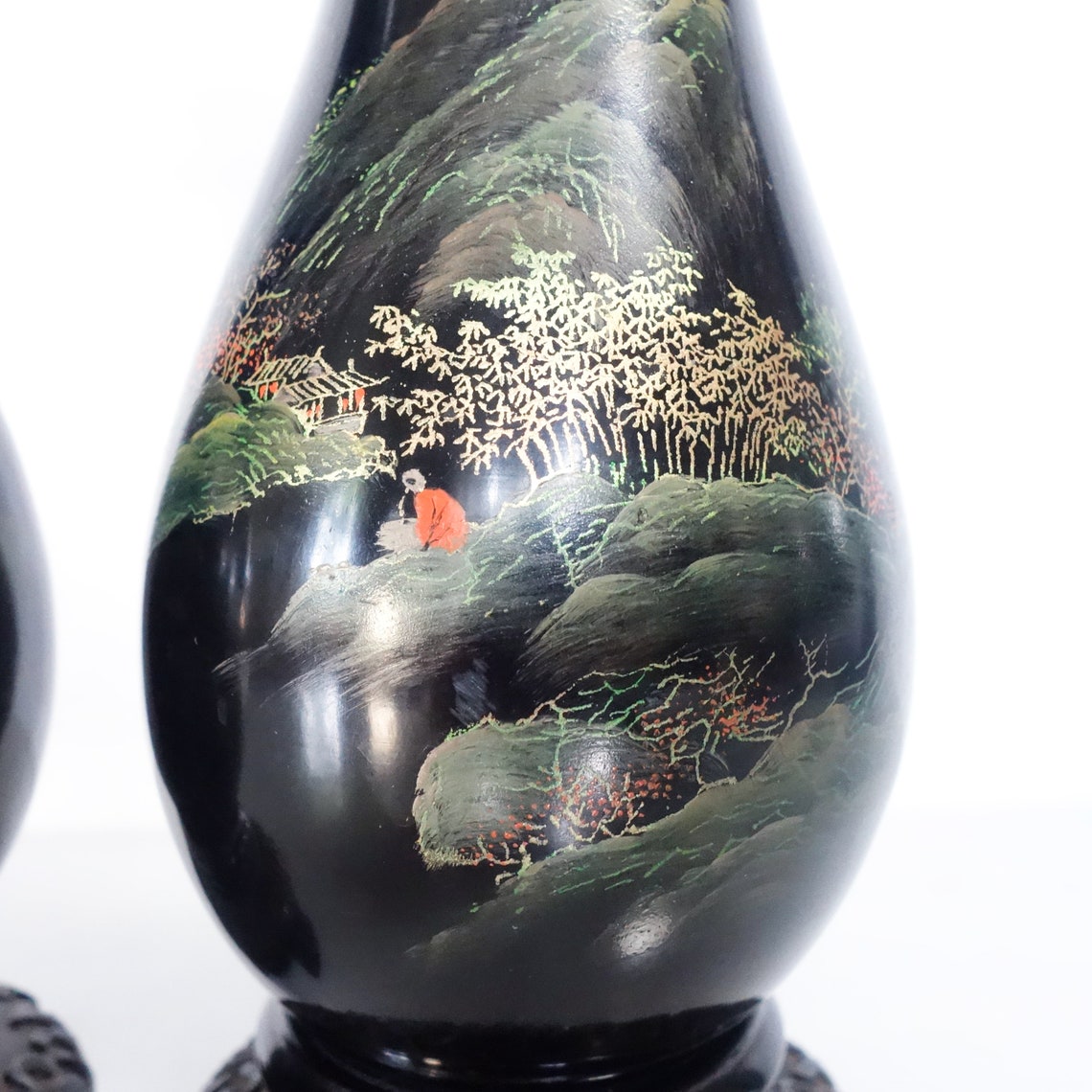 Vintage Japanese Lacquer Ware Vases Pair Lacquered Wood Etsy