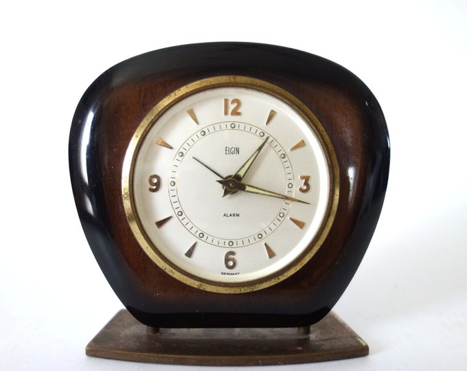 Vintage Elgin Alarm Clock Art Deco Wood Brass Germany Wind Up Etsy