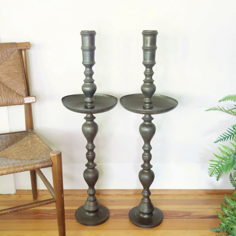 Large 36 Brass Floor Candlesticks Vintage Pair Altar Etsy