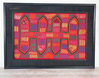 Vintage Handstitched Mola, Large Geometric Cuna Indian, Retro Handmade Panama Art, Boho Wall Hanging, Framed Art