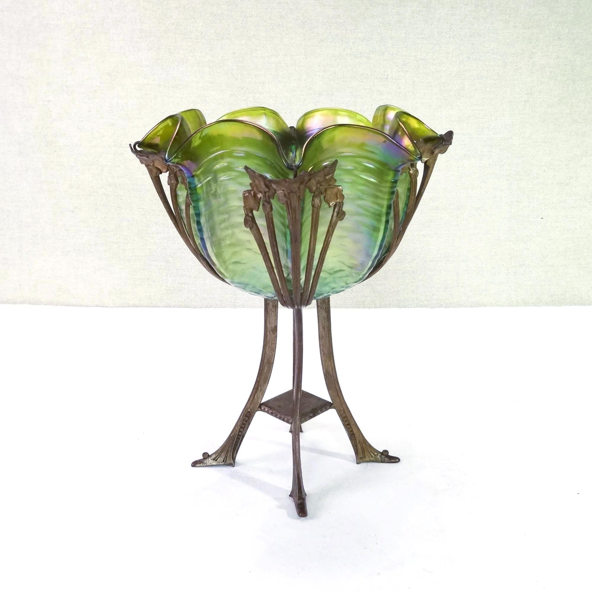 ART DECO Style ガラス 金属 花瓶　Vintage Art Nouveau Glass Vase With Metal - Etsy