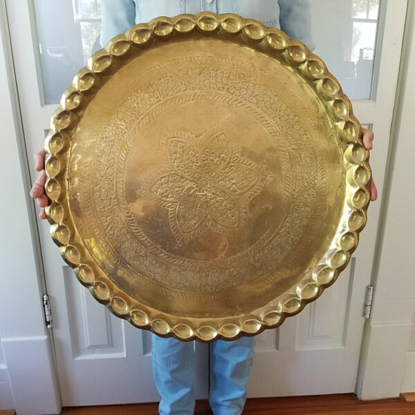 Brass Tray Table Top, Vintage Brass Moroccan Boho, Bohemian Wall Decor, Mid Century Modern, Large 22 Inch Coffee Table Tray