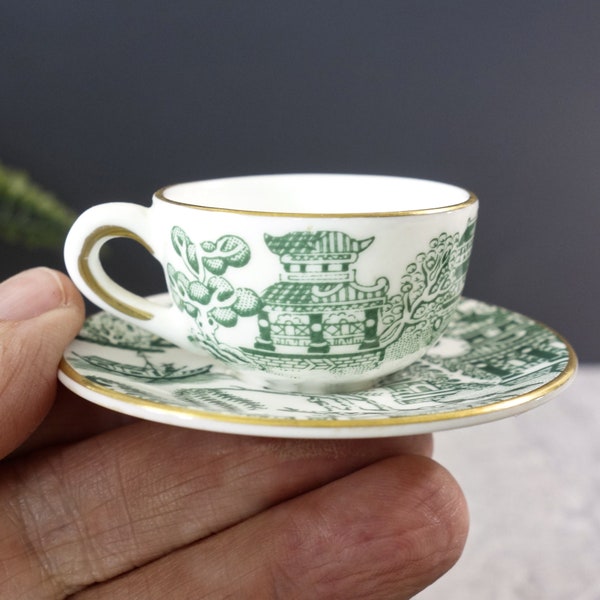 Vintage Coalport Miniature Green Willow Tea Cup with Saucer, English Bone China, Gilt Trim, Gift Idea, c1960